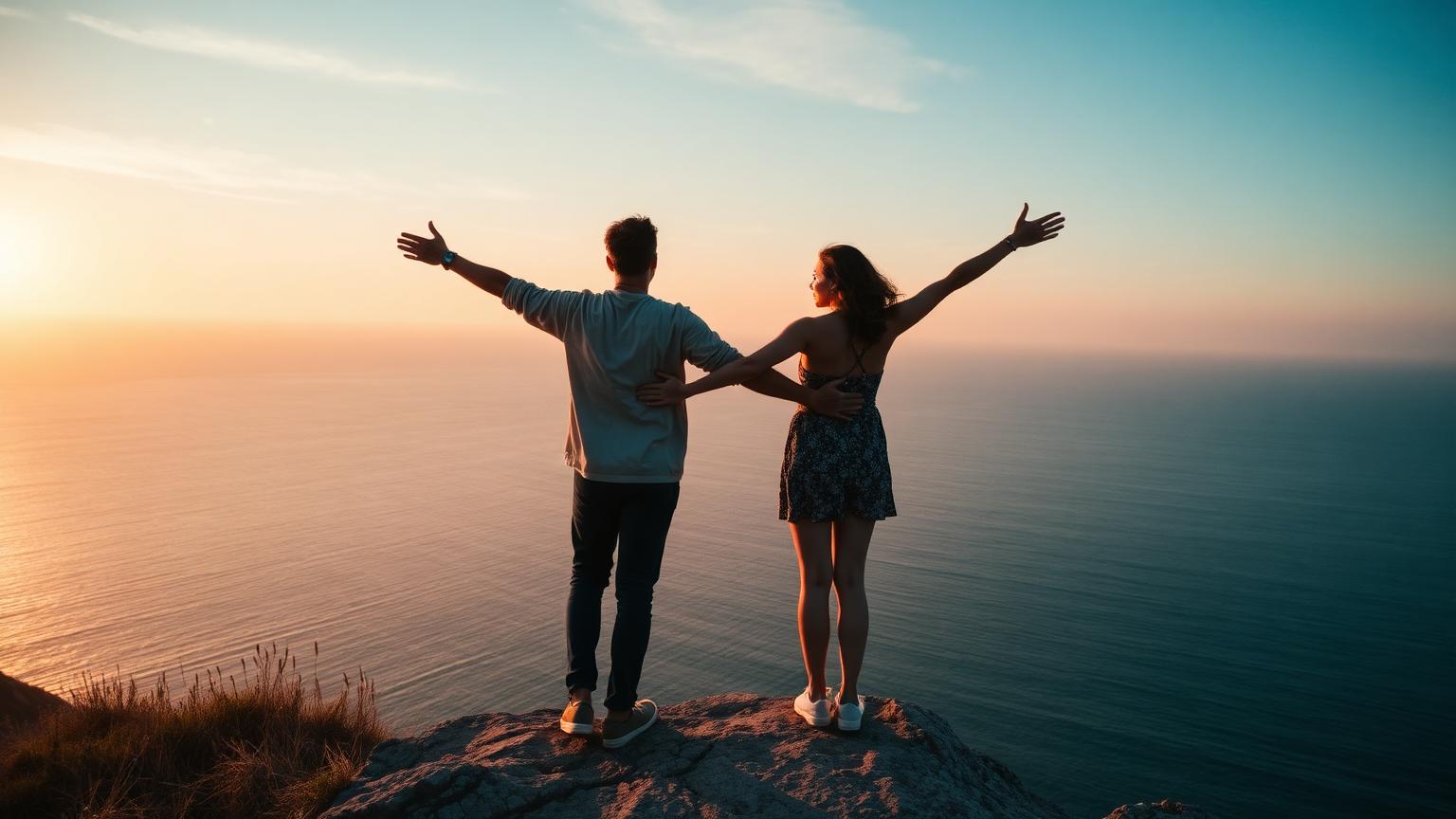 Couple at a coastal cliff at sunrise