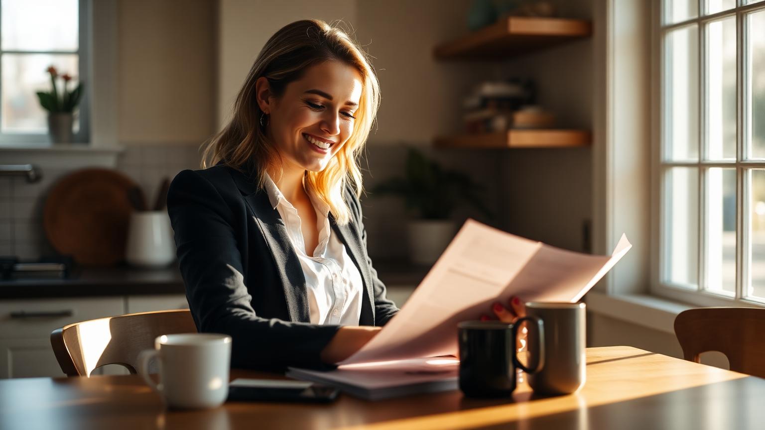 Woman reviewing income at home