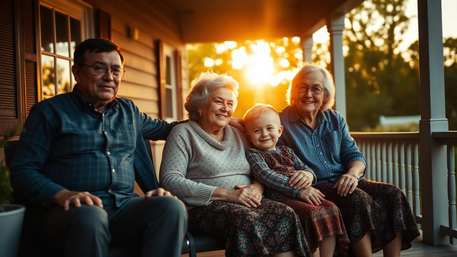 Multigenerational family on a porch at sunset